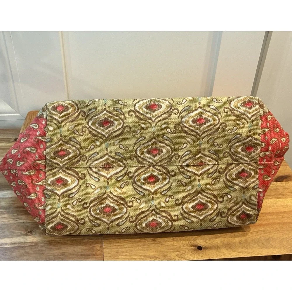 Style 101 Jute Burlap Tote Bag Red Paisley Boho Zip Top Shoulder Beach Large
